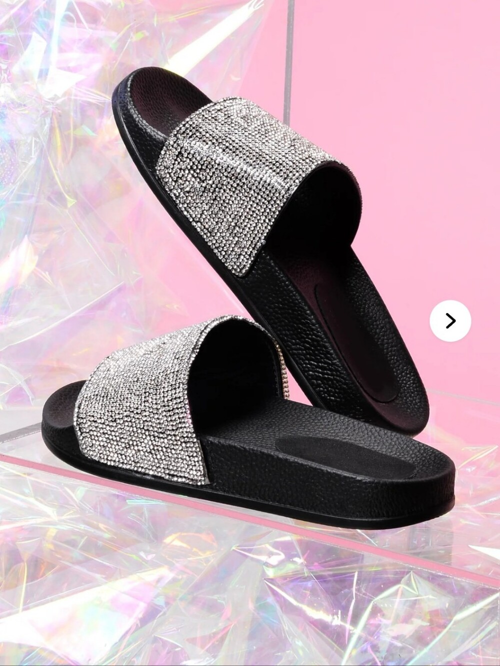 Black Slide Sandals with Silver Sparkly Strap